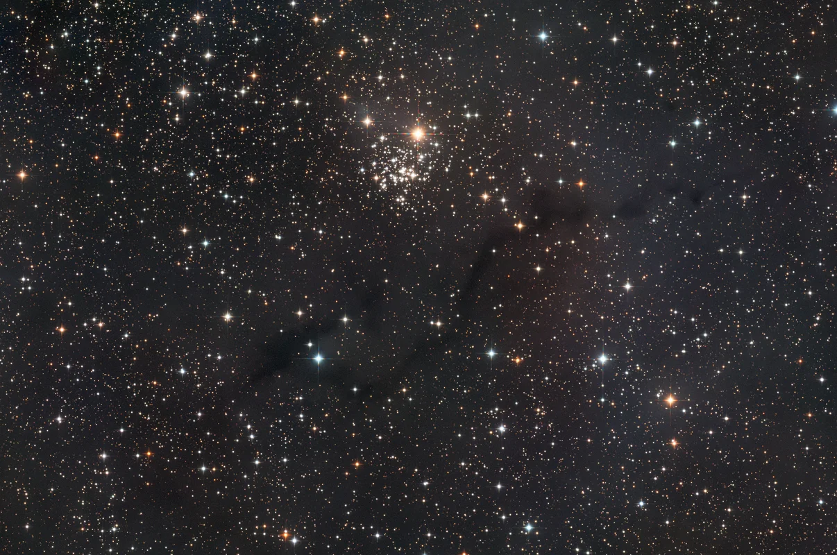 A dark nebula field where foreground dust blocks and softens the background starlight.